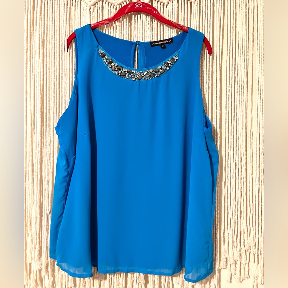 Women’s Sz 1X Blue HeartSoul Plus Rhinestone Neck Sleeveless Blouse